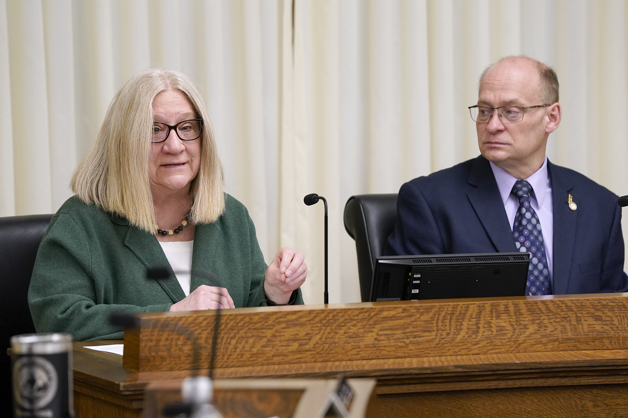 Sue Abderholden, executive director of NAMI Minnesota, testifies in support of HF973 before the House Human Services Finance and Policy Committee March 12. The bill is sponsored by Rep. Jeff Backer, right. (Photo by Michele Jokinen)